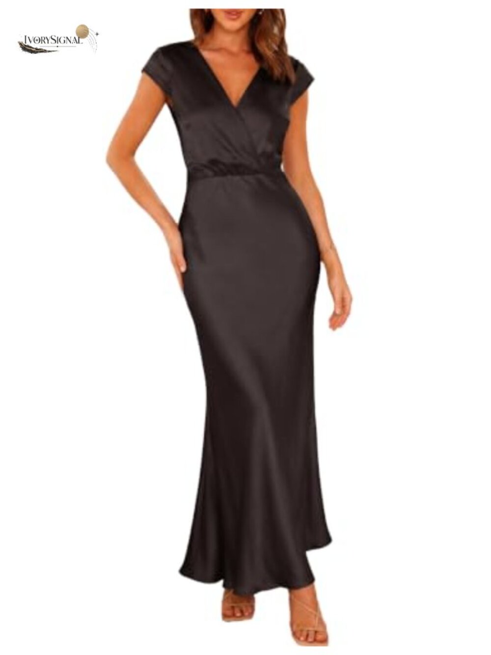 Women Satin V Neck Cap Sleeve Maxi Formal Wedding Guest Dress